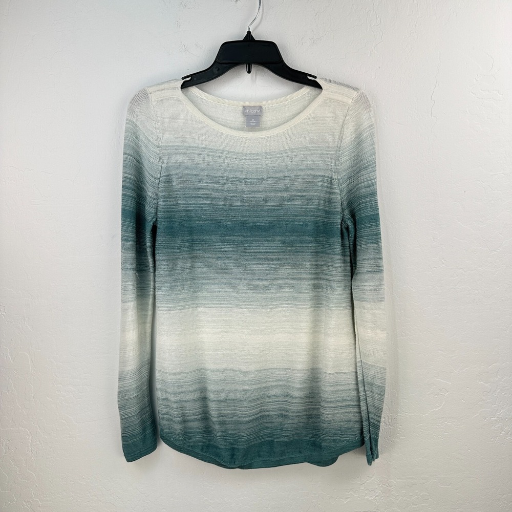 Chicos Striped Sweater Womens S Blue Green White Work Office Winter Preppy‎